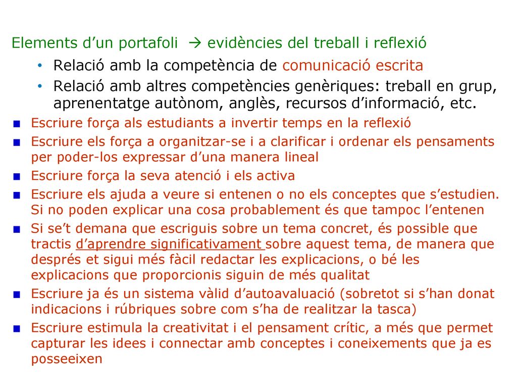 Elements d’un portafoli  evidències del treball i reflexió
