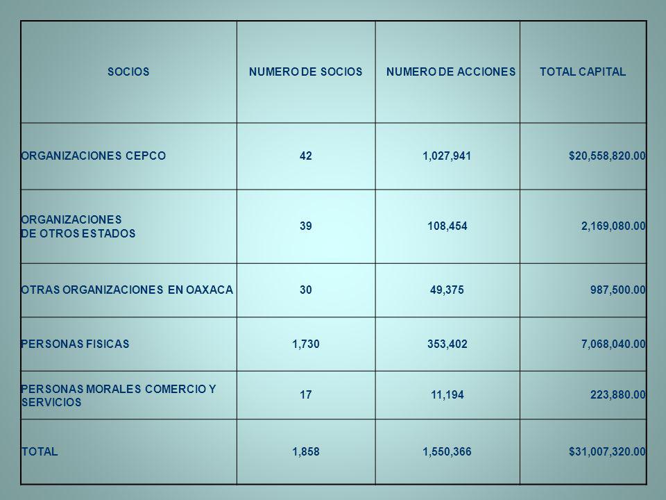 SOCIOS NUMERO DE SOCIOS. NUMERO DE ACCIONES. TOTAL CAPITAL. ORGANIZACIONES CEPCO ,027,941.
