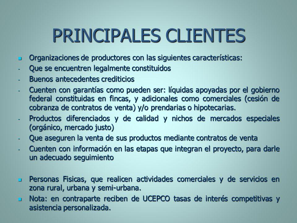 PRINCIPALES CLIENTES Organizaciones de productores con las siguientes características: Que se encuentren legalmente constituidos.