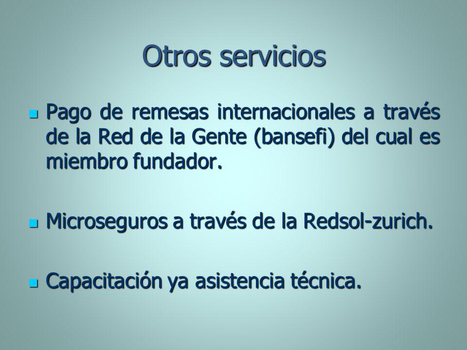 Otros servicios Pago de remesas internacionales a través de la Red de la Gente (bansefi) del cual es miembro fundador.