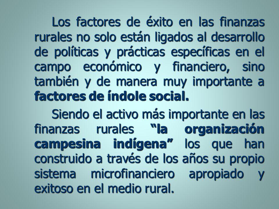 Los factores de éxito en las finanzas rurales no solo están ligados al desarrollo de políticas y prácticas específicas en el campo económico y financiero, sino también y de manera muy importante a factores de índole social.