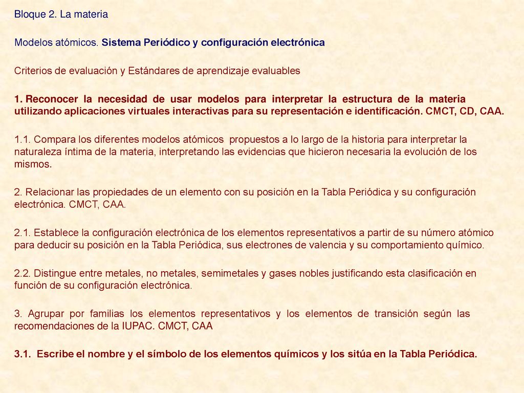 Bloque 2. La materia Modelos atómicos. Sistema Periódico y configuración electrónica. Criterios de evaluación y Estándares de aprendizaje evaluables.