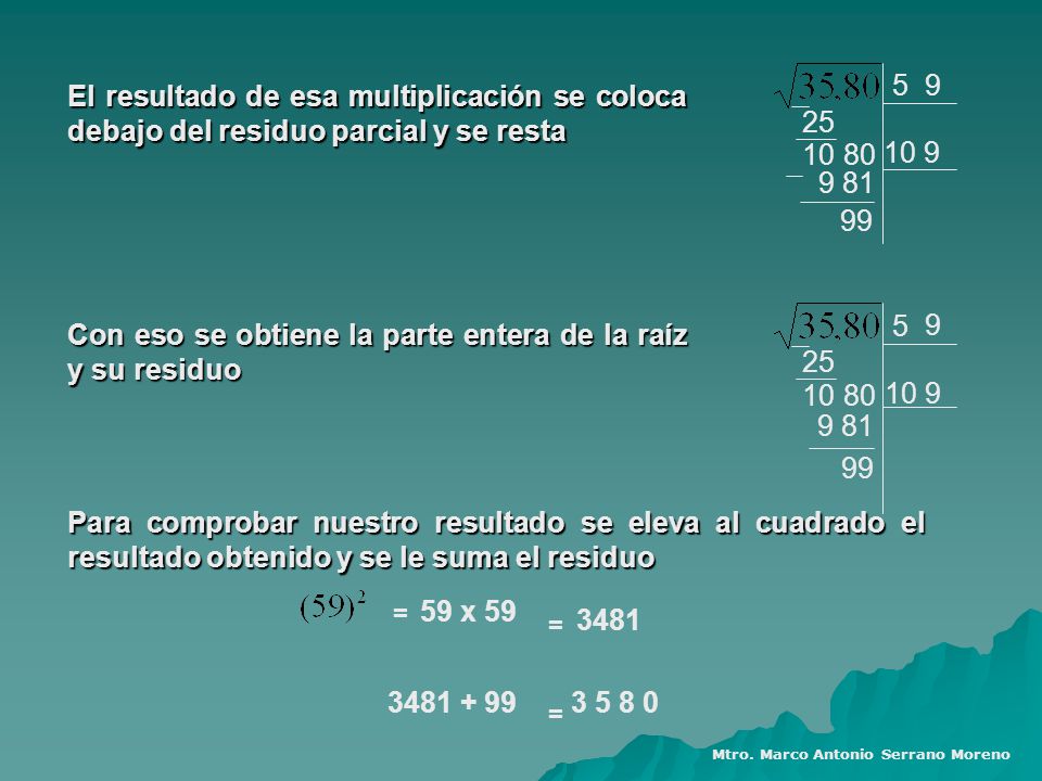 Con eso se obtiene la parte entera de la raíz y su residuo