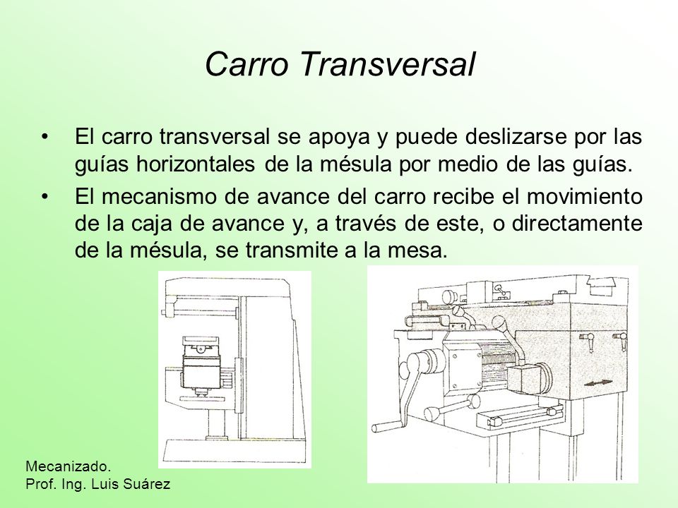 Carro Transversal El carro transversal se apoya y puede deslizarse por las guías horizontales de la mésula por medio de las guías.