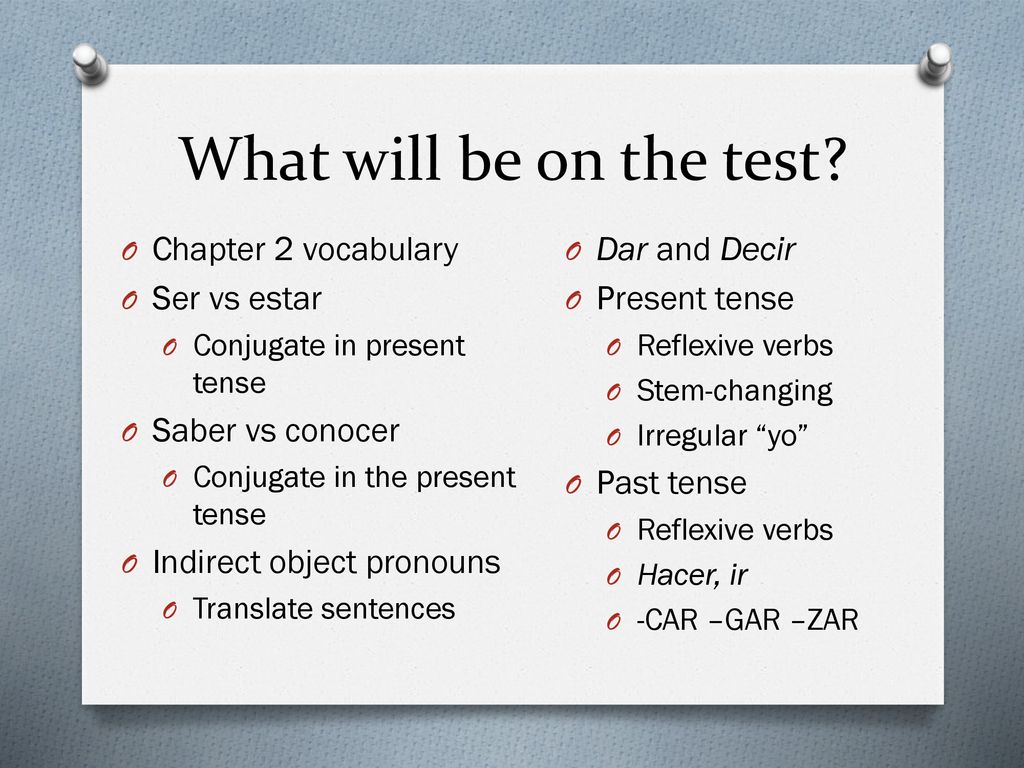 What will be on the test Chapter 2 vocabulary Ser vs estar