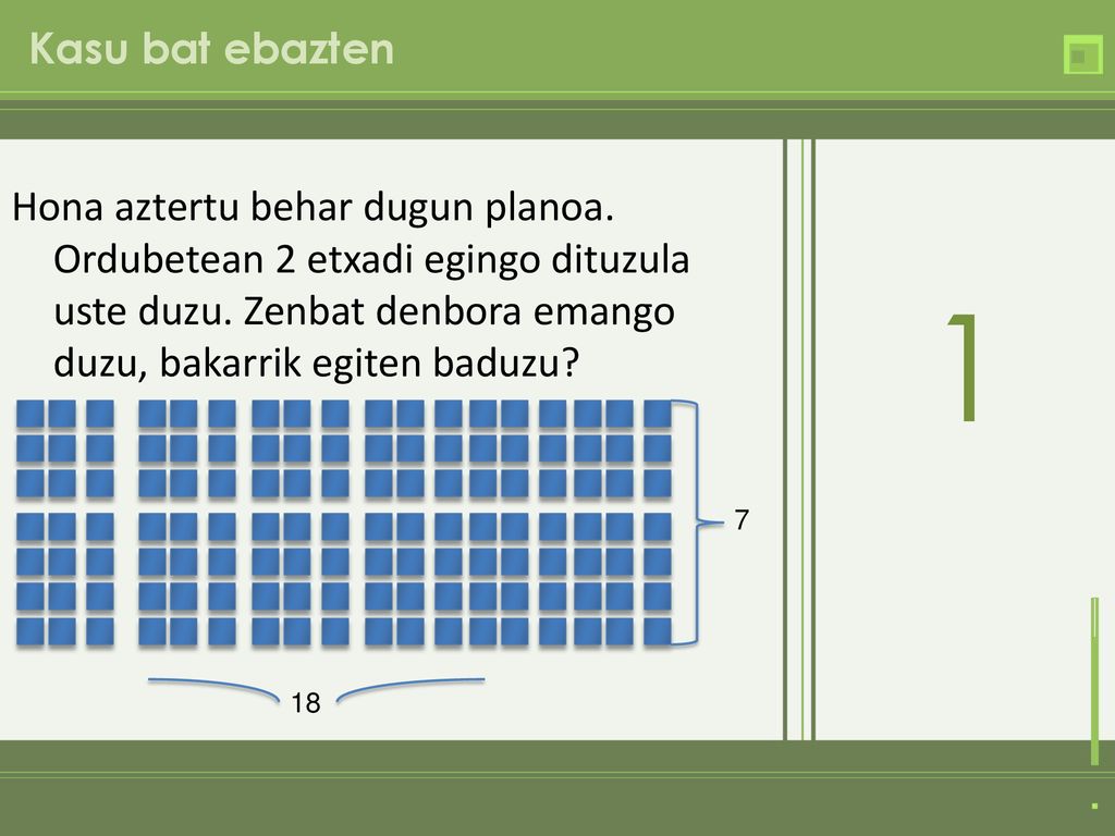 Kasu bat ebazten Hona aztertu behar dugun planoa. Ordubetean 2 etxadi egingo dituzula uste duzu. Zenbat denbora emango duzu, bakarrik egiten baduzu