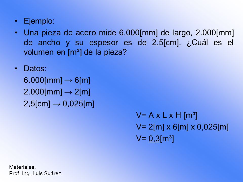 Ejemplo: Una pieza de acero mide 6.000[mm] de largo, 2.000[mm] de ancho y su espesor es de 2,5[cm]. ¿Cuál es el volumen en [m³] de la pieza