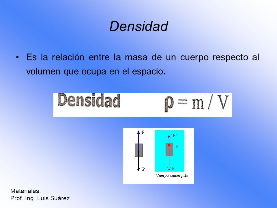 Densidad Es la relación entre la masa de un cuerpo respecto al volumen que ocupa en el espacio. Materiales.