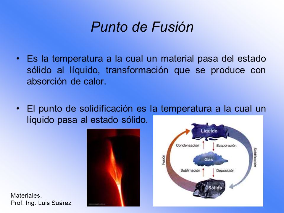 Punto de Fusión Es la temperatura a la cual un material pasa del estado sólido al líquido, transformación que se produce con absorción de calor.