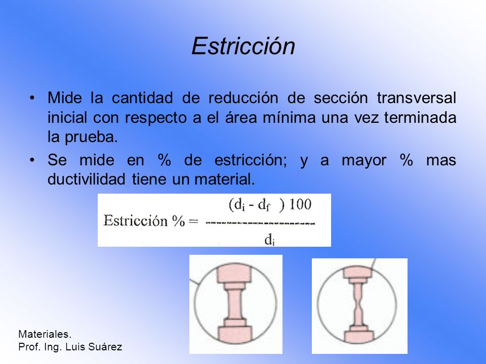 Estricción Mide la cantidad de reducción de sección transversal inicial con respecto a el área mínima una vez terminada la prueba.