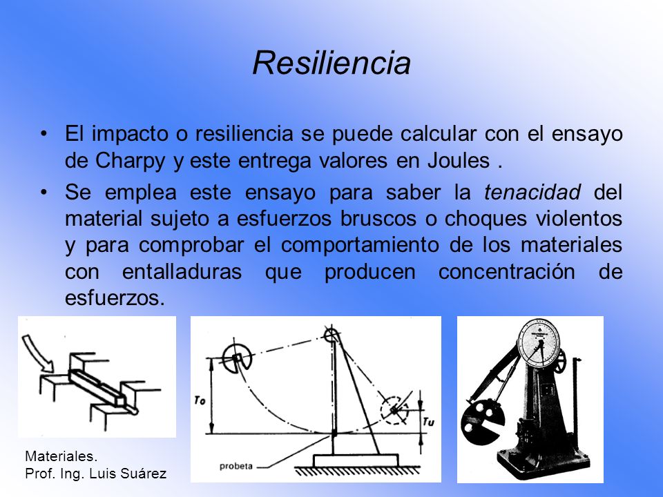 Resiliencia El impacto o resiliencia se puede calcular con el ensayo de Charpy y este entrega valores en Joules .