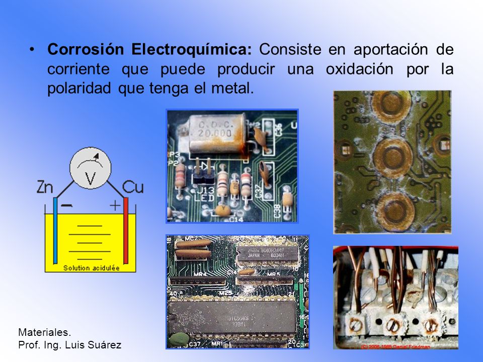 Corrosión Electroquímica: Consiste en aportación de corriente que puede producir una oxidación por la polaridad que tenga el metal.