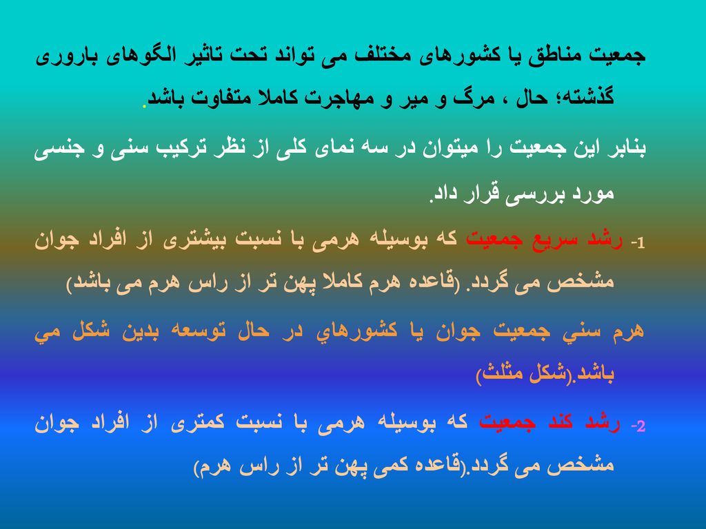 جمعیت مناطق یا کشورهای مختلف می تواند تحت تاثیر الگوهای باروری گذشته؛ حال ، مرگ و میر و مهاجرت کاملا متفاوت باشد.