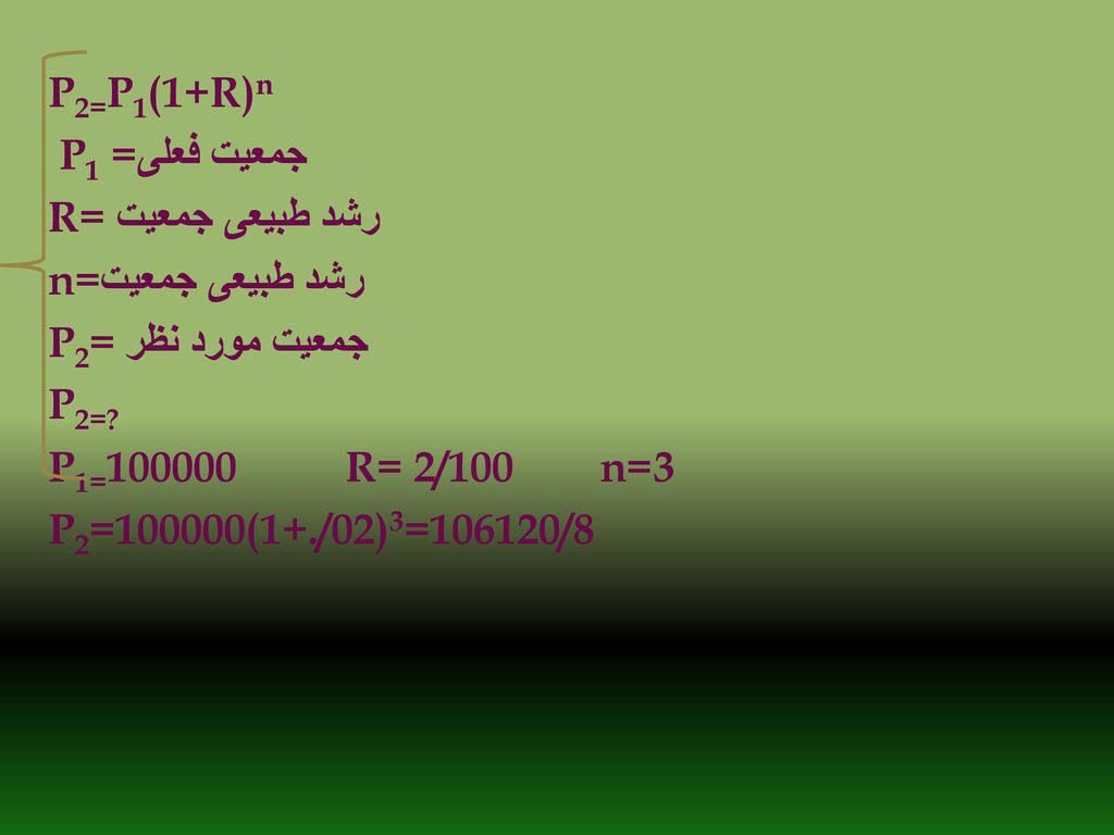 P2=P1(1+R)n جمعیت فعلی P1 = رشد طبیعی جمعیتR= رشد طبیعی جمعیتn= جمعیت مورد نظر P2= P2=.