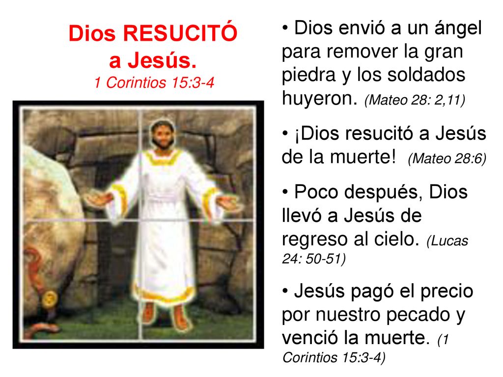 Dios RESUCITÓ a Jesús. 1 Corintios 15:3-4. • Dios envió a un ángel para remover la gran piedra y los soldados huyeron. (Mateo 28: 2,11)