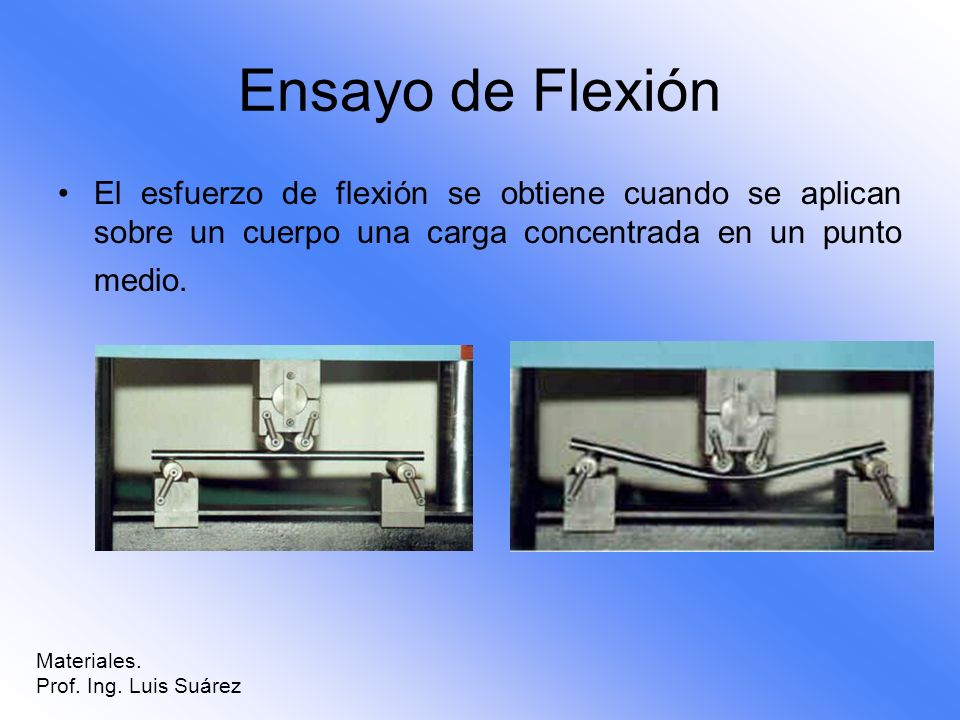 Ensayo de Flexión El esfuerzo de flexión se obtiene cuando se aplican sobre un cuerpo una carga concentrada en un punto medio.