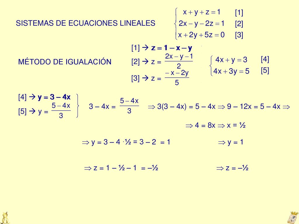 [1] [2] [3] SISTEMAS DE ECUACIONES LINEALES. [1]  z = 1 – x – y. z = 1 – x – y. 1 – x – y = [4]
