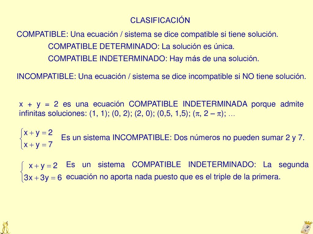 CLASIFICACIÓN COMPATIBLE: Una ecuación / sistema se dice compatible si tiene solución. COMPATIBLE DETERMINADO: La solución es única.