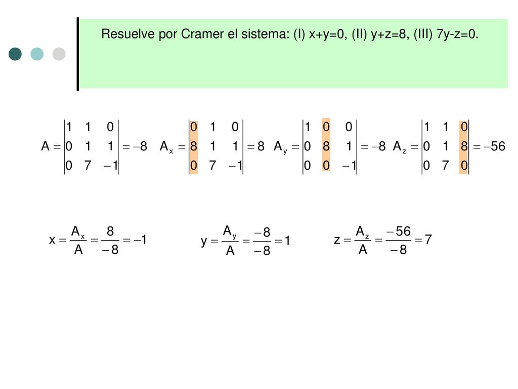 Resuelve por Cramer el sistema: (I) x+y=0, (II) y+z=8, (III) 7y-z=0.