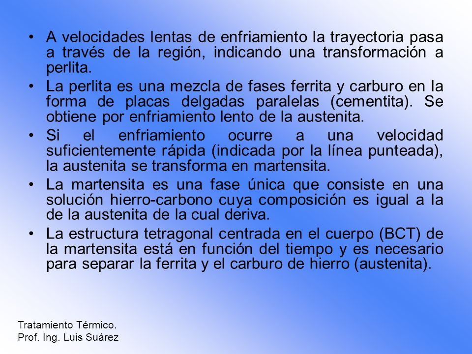A velocidades lentas de enfriamiento la trayectoria pasa a través de la región, indicando una transformación a perlita.