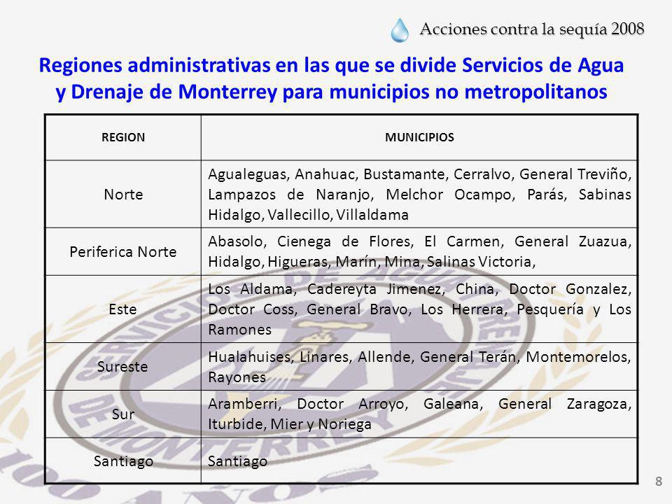 Regiones administrativas en las que se divide Servicios de Agua y Drenaje de Monterrey para municipios no metropolitanos