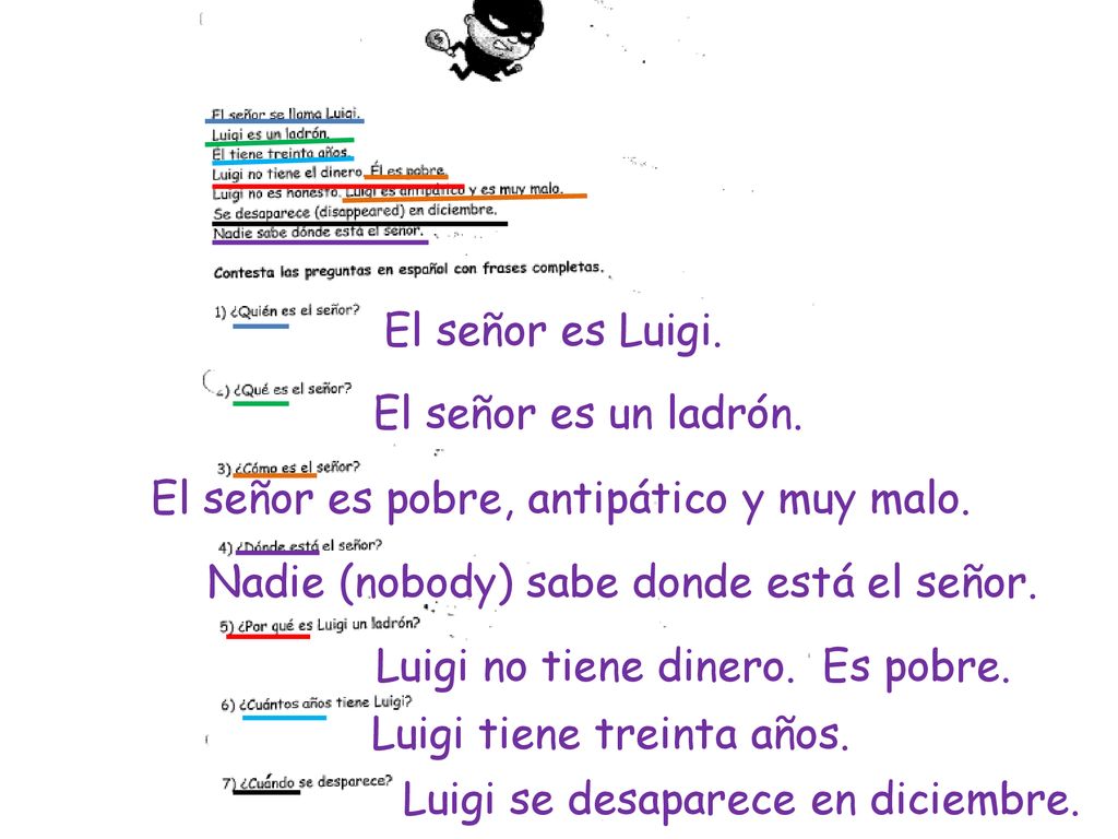 El señor es Luigi. El señor es un ladrón. El señor es pobre, antipático y muy malo. Nadie (nobody) sabe donde está el señor.