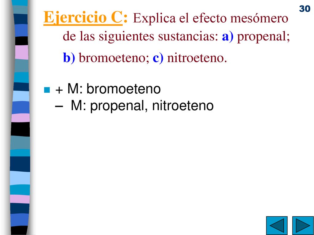 Ejercicio C: Explica el efecto mesómero de las siguientes sustancias: a) propenal; b) bromoeteno; c) nitroeteno.