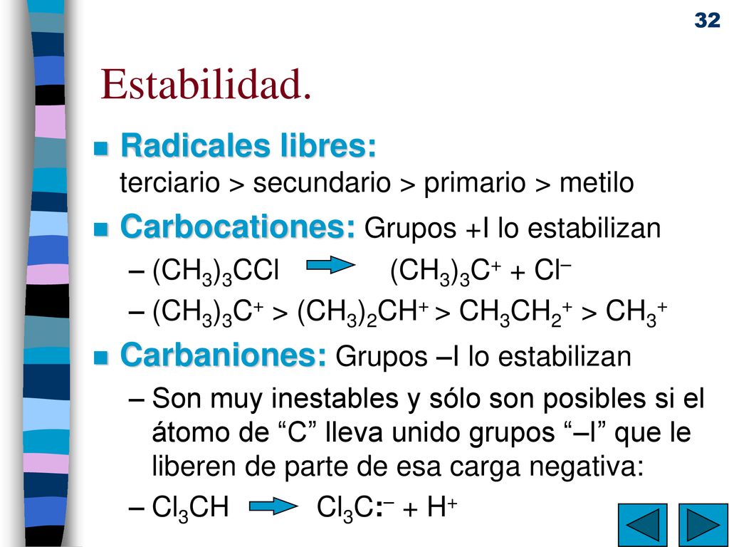 Estabilidad. Radicales libres: terciario > secundario > primario > metilo. Carbocationes: Grupos +I lo estabilizan.