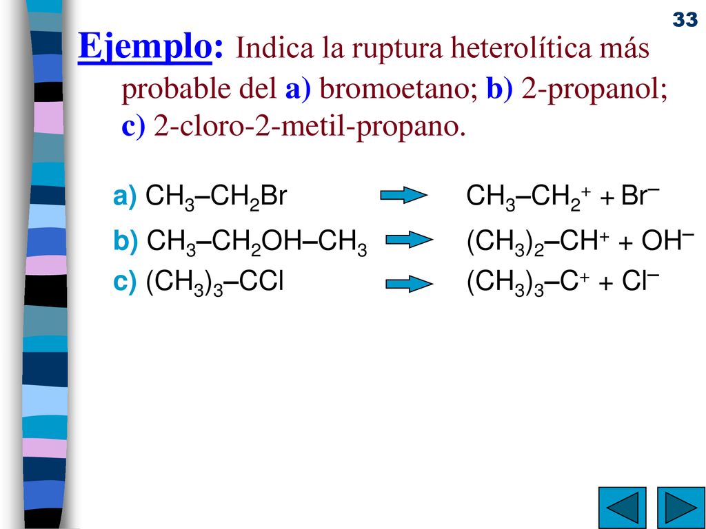 Ejemplo: Indica la ruptura heterolítica más probable del a) bromoetano; b) 2-propanol; c) 2-cloro-2-metil-propano.