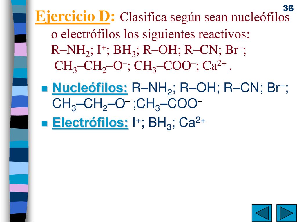 Ejercicio D: Clasifica según sean nucleófilos o electrófilos los siguientes reactivos: R–NH2; I+; BH3; R–OH; R–CN; Br–; CH3–CH2–O–; CH3–COO–; Ca2+ .