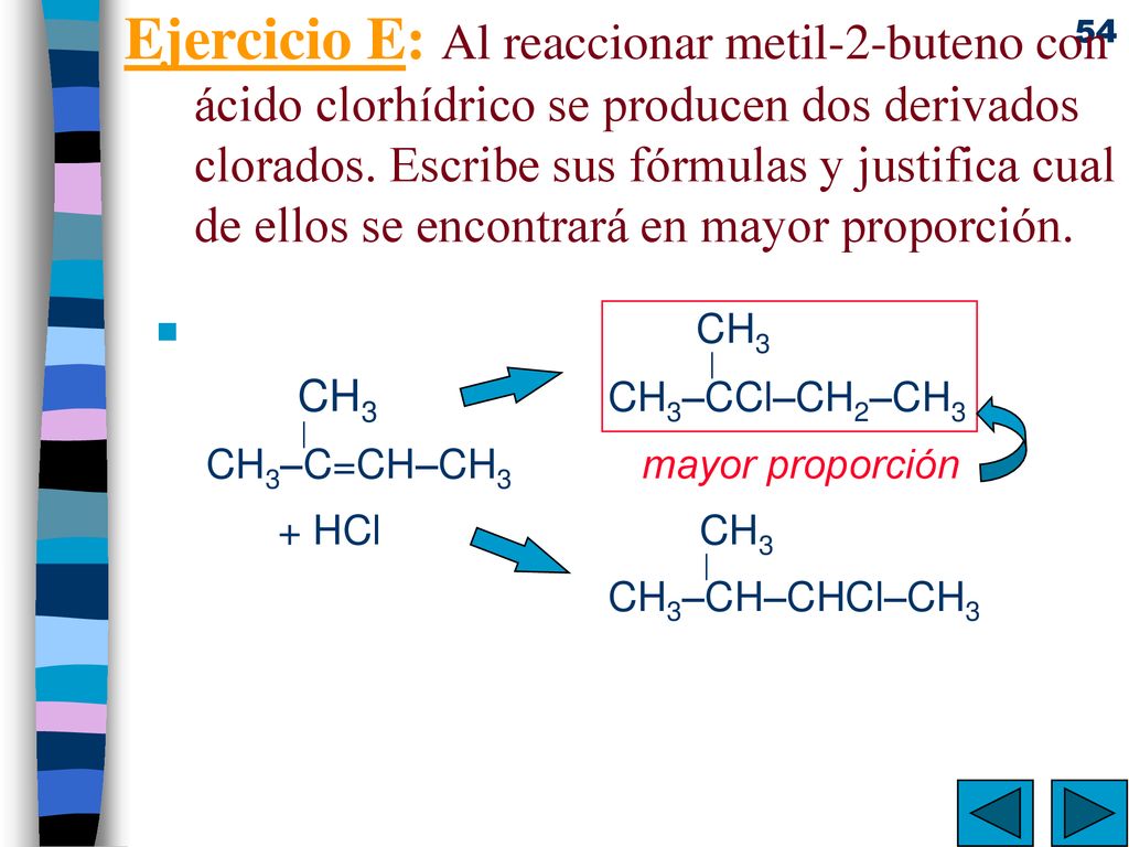 Ejercicio E: Al reaccionar metil-2-buteno con ácido clorhídrico se producen dos derivados clorados. Escribe sus fórmulas y justifica cual de ellos se encontrará en mayor proporción.