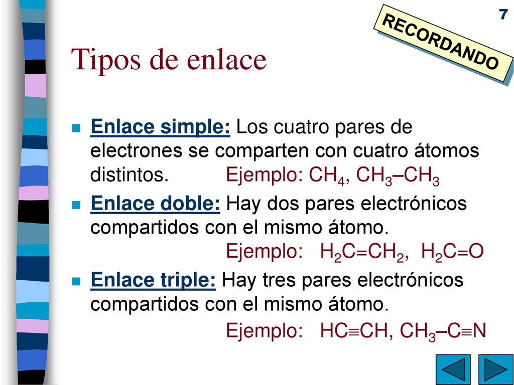 Tipos de enlace RECORDANDO. Enlace simple: Los cuatro pares de electrones se comparten con cuatro átomos distintos. Ejemplo: CH4, CH3–CH3.