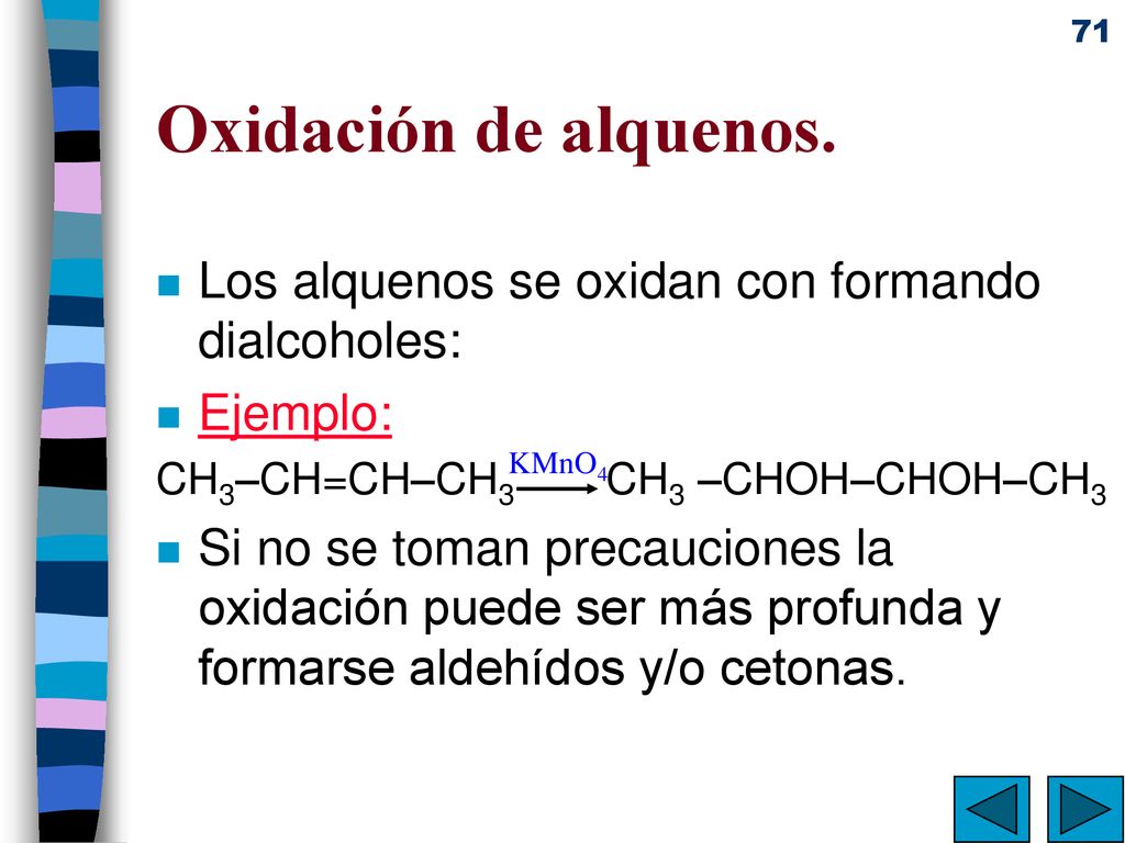 Oxidación de alquenos. Los alquenos se oxidan con formando dialcoholes: Ejemplo: CH3–CH=CH–CH3 CH3 –CHOH–CHOH–CH3.