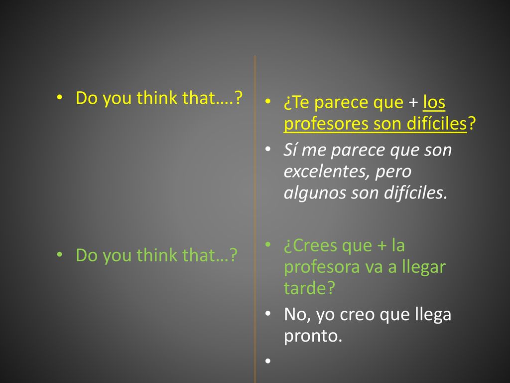 Do you think that…. Do you think that… ¿Te parece que + los profesores son difíciles