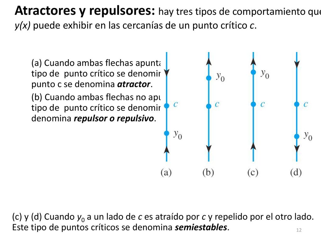Atractores y repulsores: hay tres tipos de comportamiento que y(x) puede exhibir en las cercanías de un punto crítico c.