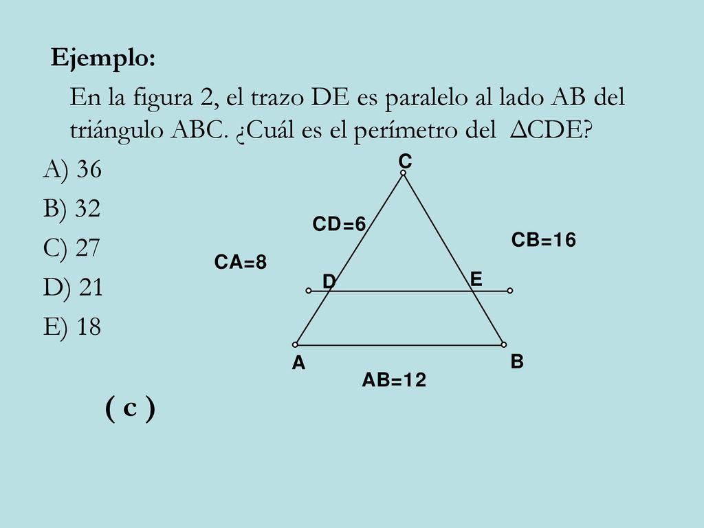 Ejemplo: En la figura 2, el trazo DE es paralelo al lado AB del triángulo ABC. ¿Cuál es el perímetro del ΔCDE