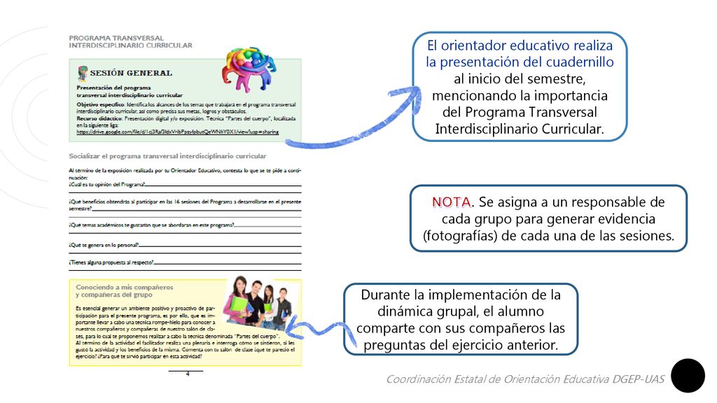 El orientador educativo realiza la presentación del cuadernillo al inicio del semestre, mencionando la importancia del Programa Transversal Interdisciplinario Curricular.