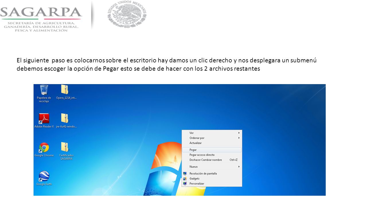 El siguiente paso es colocarnos sobre el escritorio hay damos un clic derecho y nos desplegara un submenú debemos escoger la opción de Pegar esto se debe de hacer con los 2 archivos restantes