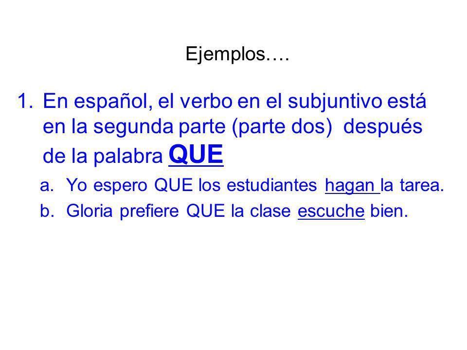 Ejemplos…. En español, el verbo en el subjuntivo está en la segunda parte (parte dos) después de la palabra QUE.