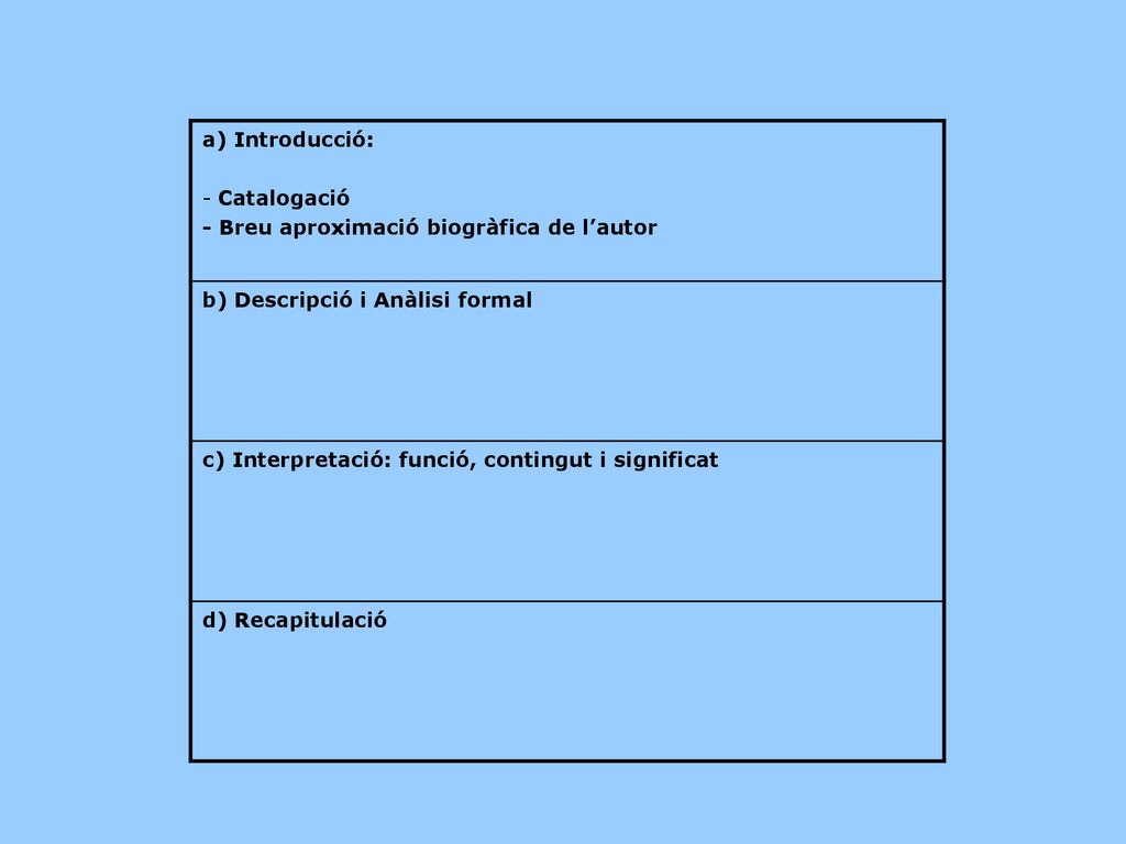 a) Introducció: Catalogació. - Breu aproximació biogràfica de l’autor. b) Descripció i Anàlisi formal.