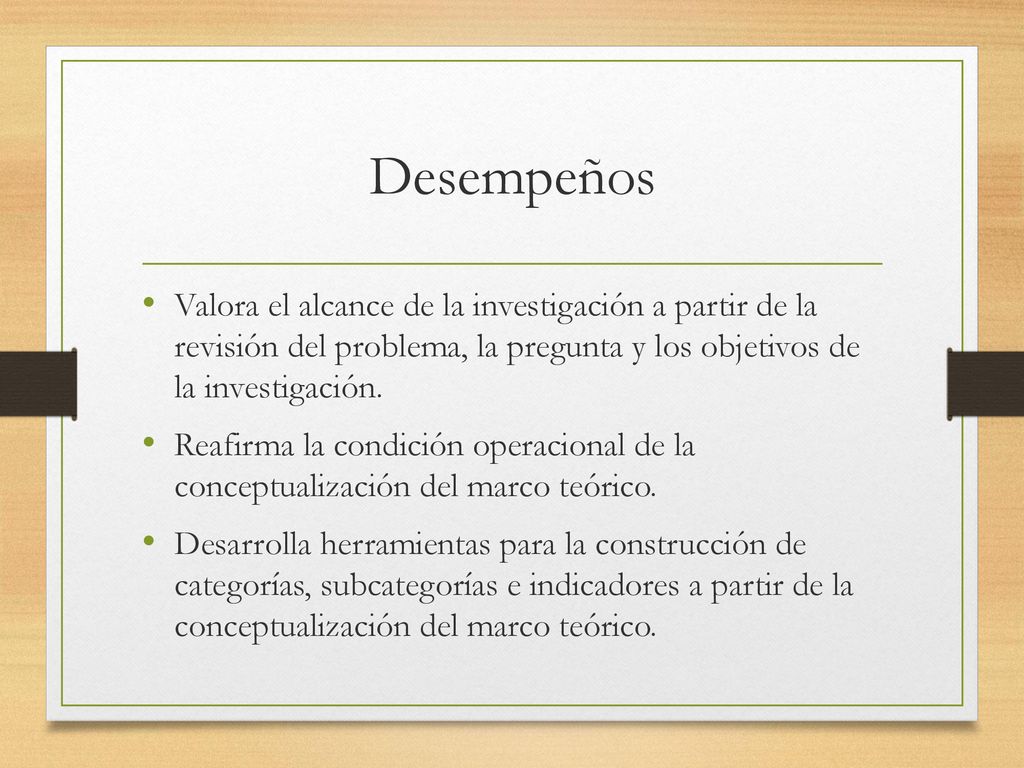 Desempeños Valora el alcance de la investigación a partir de la revisión del problema, la pregunta y los objetivos de la investigación.