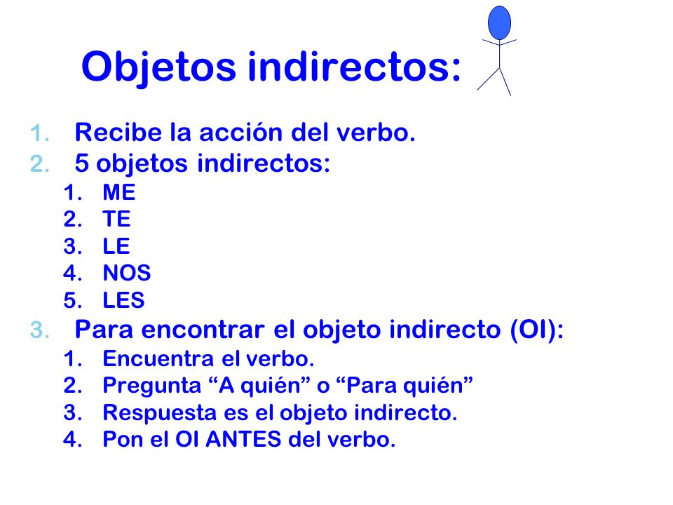 Objetos indirectos: Recibe la acción del verbo. 5 objetos indirectos:
