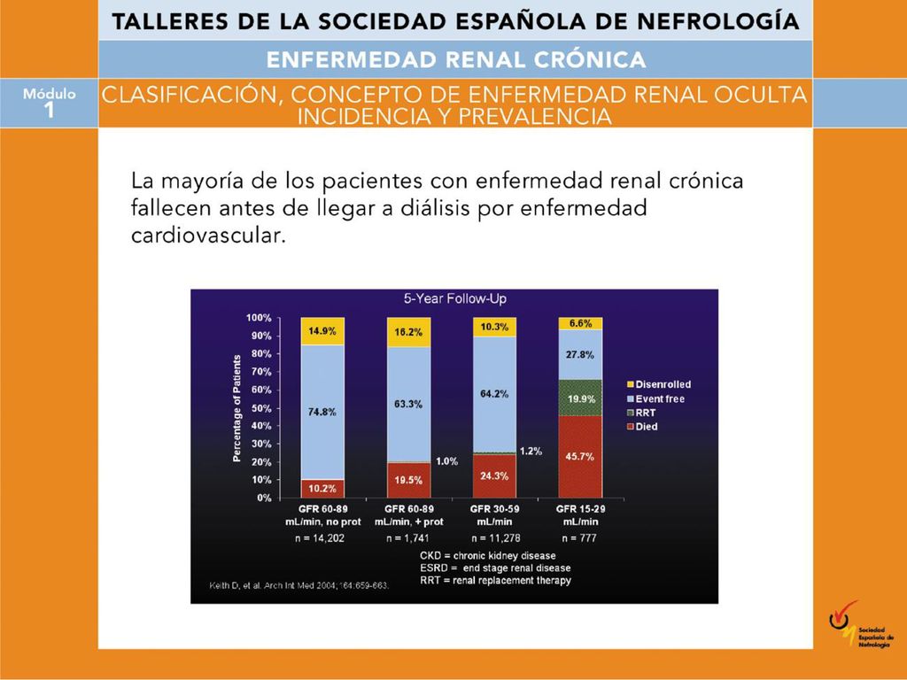 El aspecto más importante de la insuficiencia renal oculta es que la mayoría de los pacientes con insuficiencia renal, es decir, con enfermedad renal crónica en estadios 2-4, no llegan a diálisis, sino que fallecen antes por causas cardiovasculares, como vemos en este gráfico, en el que en verde se indica quiénes llegan a diálisis y en rojo los que fallecen antes de llegar.