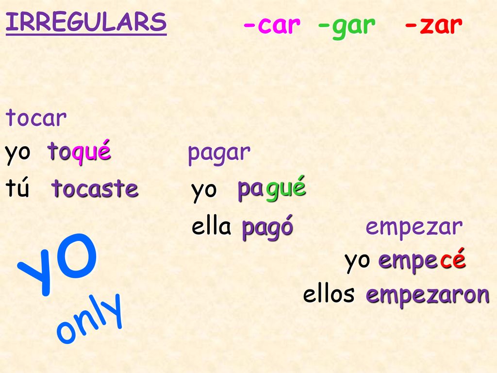 YO only -car -gar -zar IRREGULARS tocar yo to qué pagar tú tocaste yo