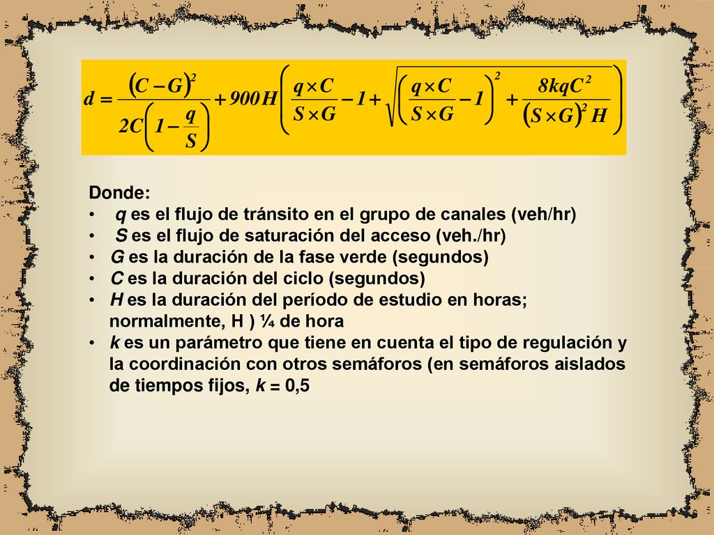 Donde: q es el flujo de tránsito en el grupo de canales (veh/hr) S es el flujo de saturación del acceso (veh./hr)