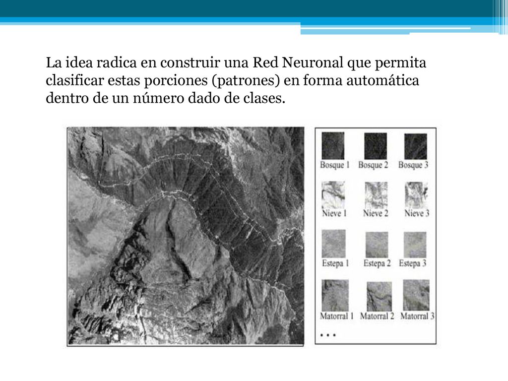 La idea radica en construir una Red Neuronal que permita clasificar estas porciones (patrones) en forma automática dentro de un número dado de clases.