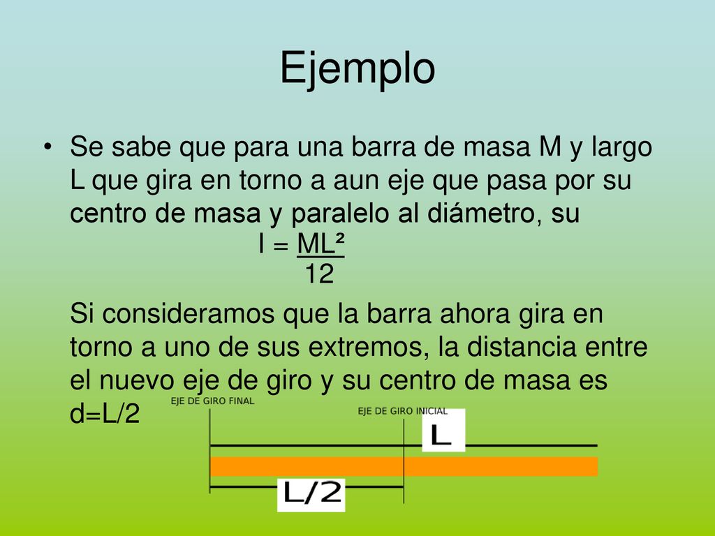 Ejemplo Se sabe que para una barra de masa M y largo L que gira en torno a aun eje que pasa por su centro de masa y paralelo al diámetro, su.