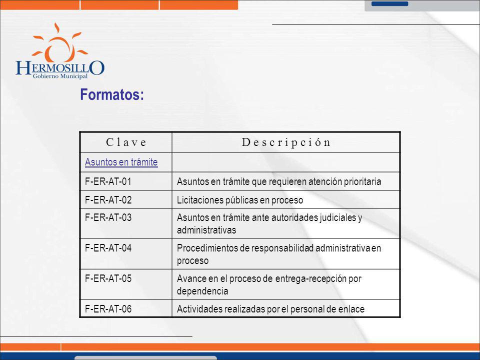 Formatos: C l a v e D e s c r i p c i ó n Asuntos en trámite