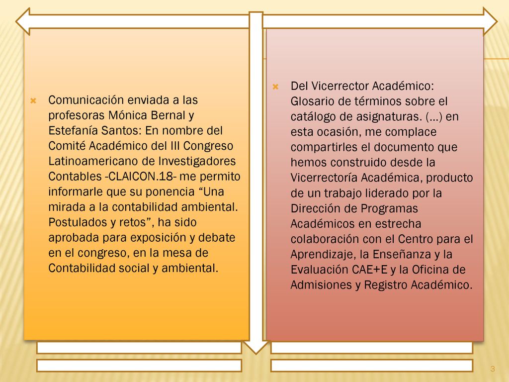 Comunicación enviada a las profesoras Mónica Bernal y Estefanía Santos: En nombre del Comité Académico del III Congreso Latinoamericano de Investigadores Contables -CLAICON.18- me permito informarle que su ponencia Una mirada a la contabilidad ambiental. Postulados y retos , ha sido aprobada para exposición y debate en el congreso, en la mesa de Contabilidad social y ambiental.