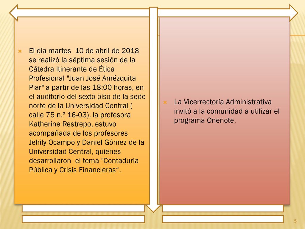 El día martes 10 de abril de 2018 se realizó la séptima sesión de la Cátedra Itinerante de Ética Profesional Juan José Amézquita Piar a partir de las 18:00 horas, en el auditorio del sexto piso de la sede norte de la Universidad Central ( calle 75 n.º 16-03), la profesora Katherine Restrepo, estuvo acompañada de los profesores Jehily Ocampo y Daniel Gómez de la Universidad Central, quienes desarrollaron el tema Contaduría Pública y Crisis Financieras .